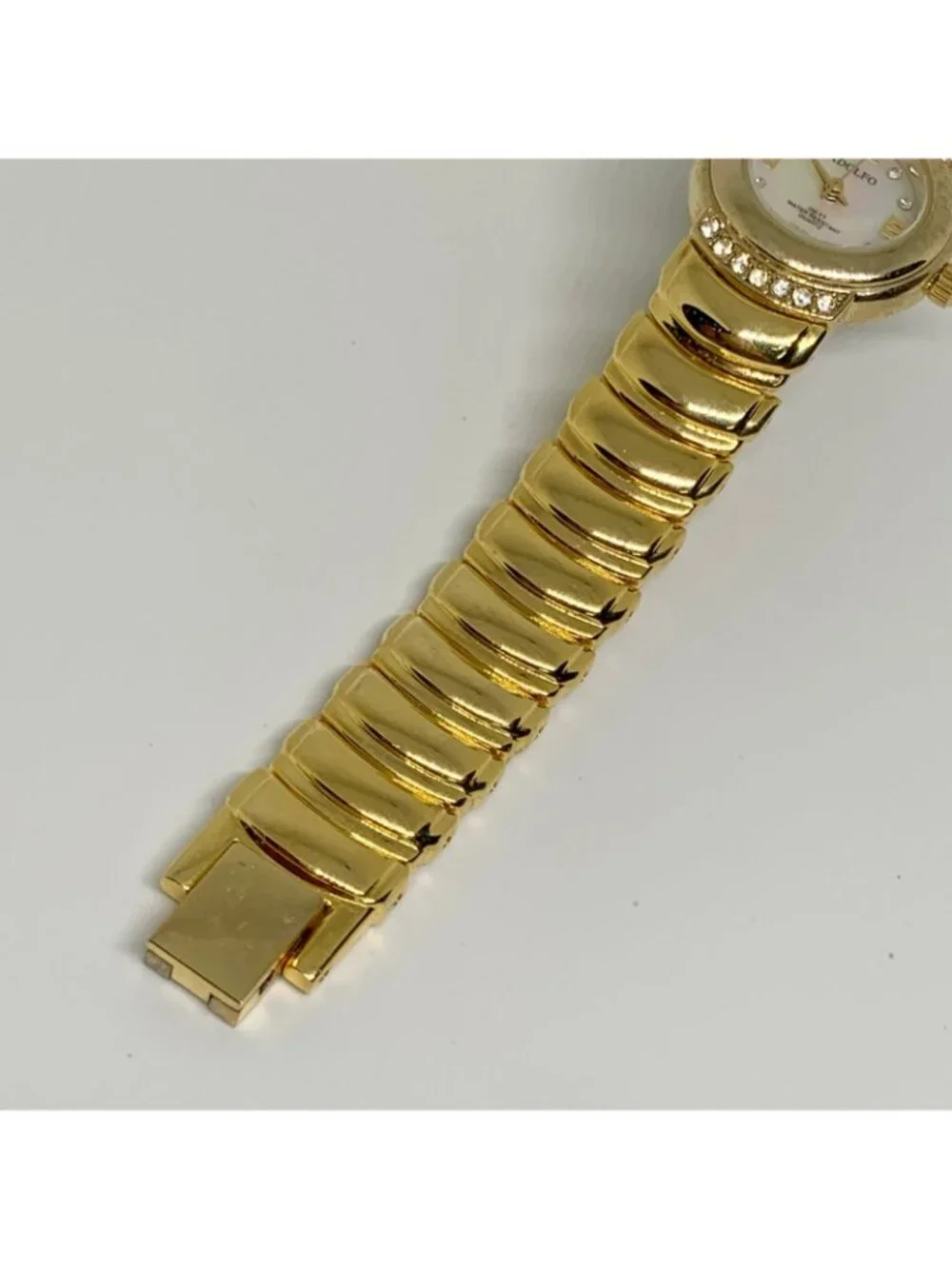 Adolfo women’s gold tone watch quartz mop dial rhinestones 22mm 6.5” running